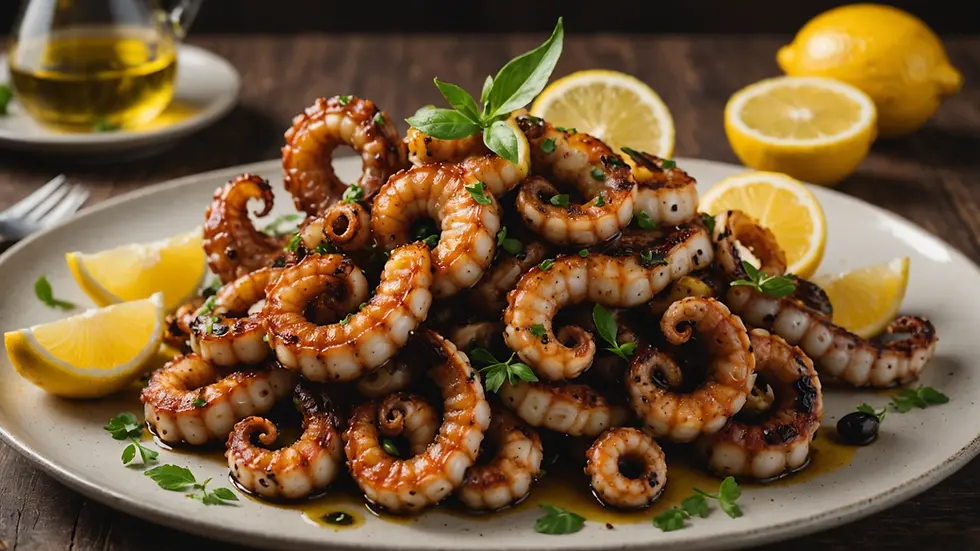Close-up view of grilled octopus garnished with olive oil and lemon