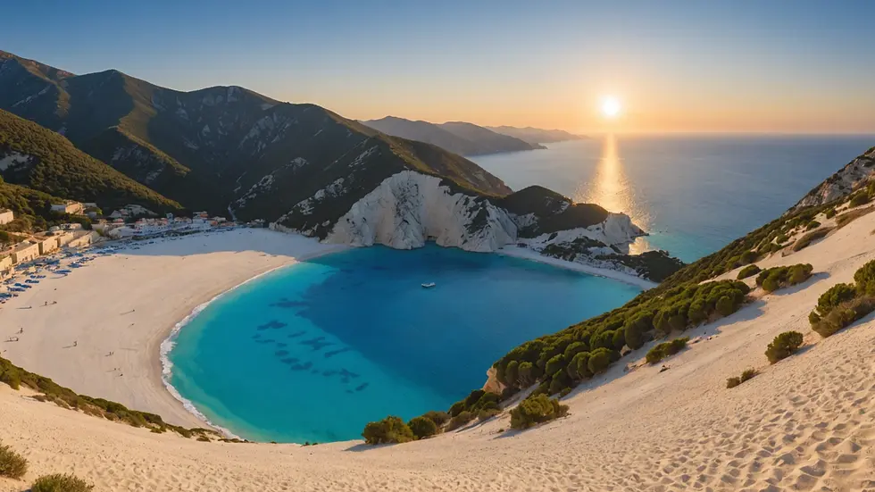 Wide-angle view of Myrtos Beach at sunset