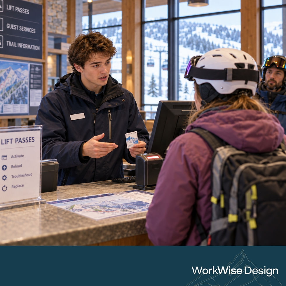 A young ski resort employee, Ethan, holds a lift pass while helping a visitor at the ticket counter. Another skier waits behind the visitor, with snowy mountains visible through the windows.