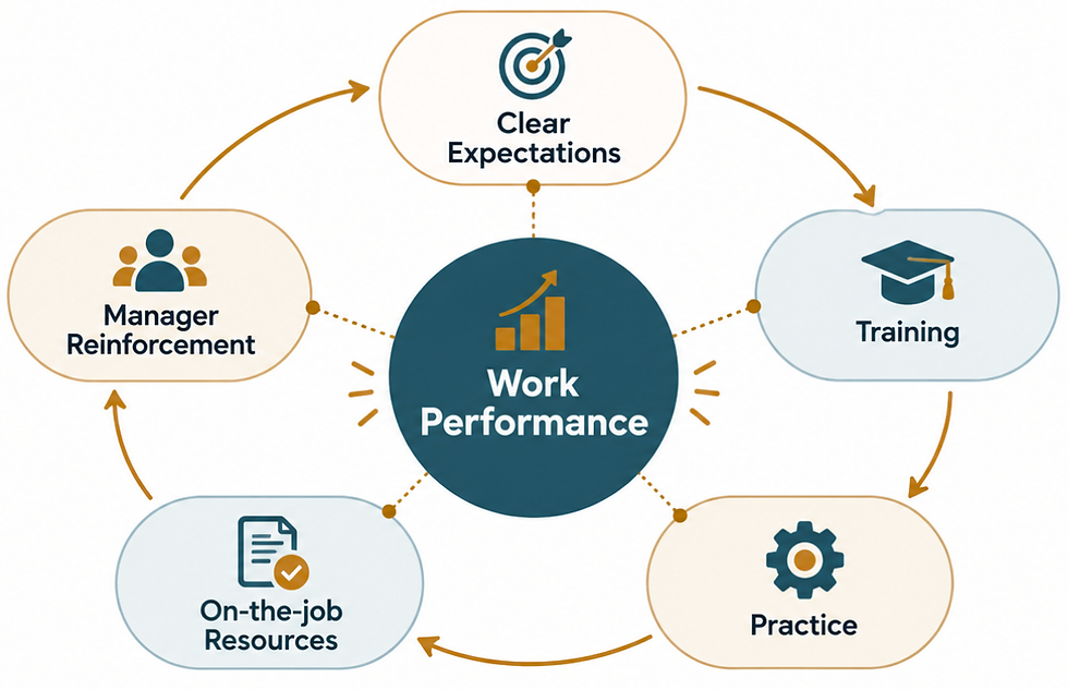 Diagram showing work performance at the centre of a learning system, supported by clear expectations, training, practice, on-the-job resources and manager reinforcement.
