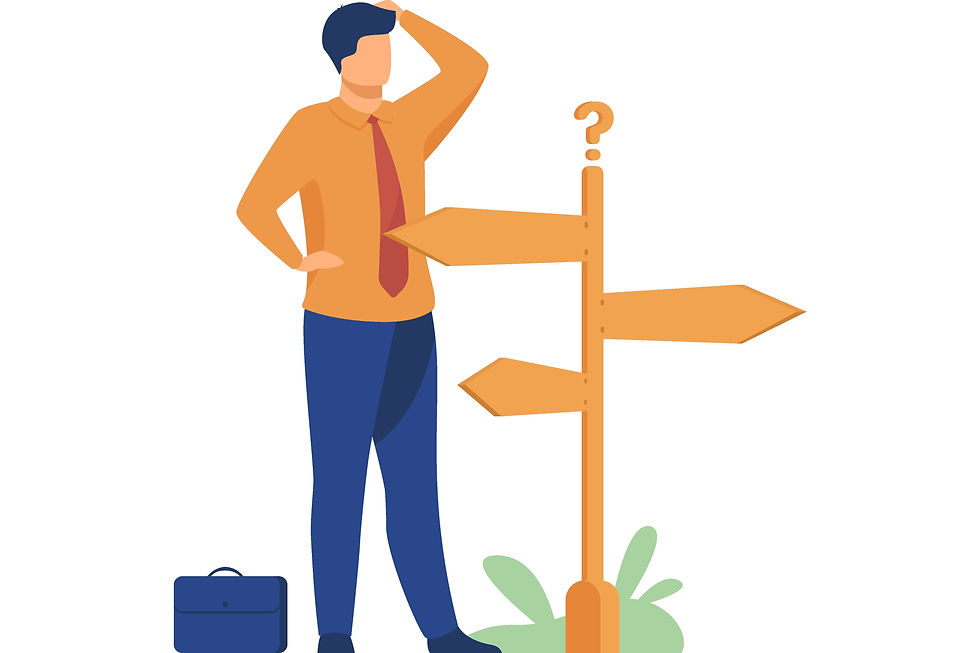 Business man with signpost needing to make decision