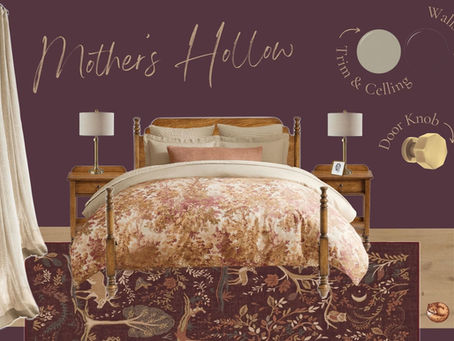 Design board for a guest bedroom named Mother’s Hollow, featuring deep purple walls (SW Blackberry), brass accents, vintage bedding, and warm wood elements.