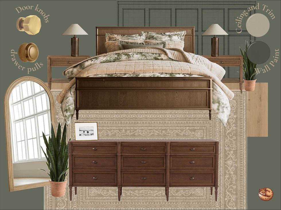 A bedroom design board featuring a wooden bed with layered green and beige bedding, matching wood nightstands and a dresser, a tall arched mirror, a neutral patterned rug, and wall paint samples. The background includes a sketch of planned wood wall paneling in green.
