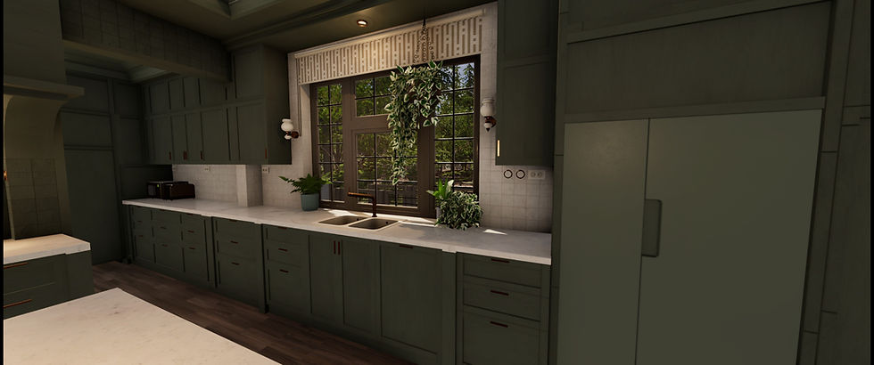 A hidden walk-in scullery adds function and keeps the main kitchen clean and calm. - Large windows, thoughtful lighting, and practical storage—all part of this dream kitchen vision