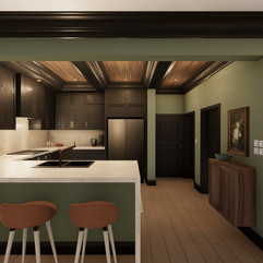 Sage green walls with dark cabinetry and black trim for a moody, organic kitchen color idea.