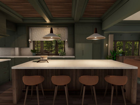 A cozy, layered green kitchen concept with warm wood tones and space to gather.