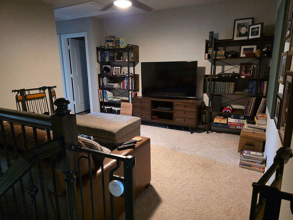 Current view of The Framed Loft before any updates, showing existing TV setup, and leather sofa in a windowless upstairs space.