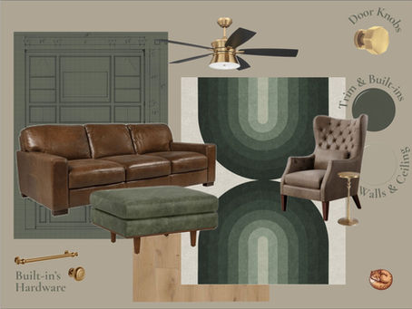 Concept board for The Framed Loft, featuring Sherwin-Williams Rosemary cabinetry, neutral upholstery, brass accents, a green and cream rug, medium wood tones, and moody textures for a cozy upstairs TV room with no natural light.