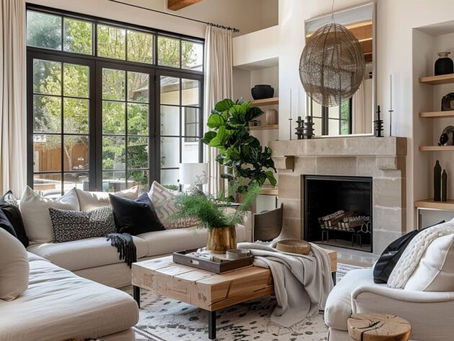 Cozy living room with natural wood beams, plush seating, and layered textures in a timeless design.