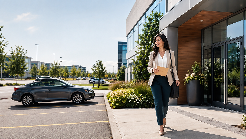 Business professional arriving at a modern suburban office near Mississauga with convenient parking and road access.