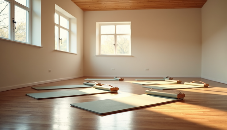 Eye-level view of a bright, airy village hall set up for a Pilates class with mats spaced evenly on the wooden floor