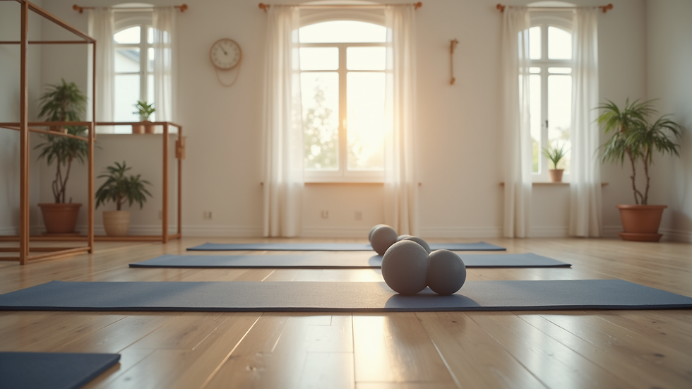 Eye-level view of a serene Pilates studio with mats neatly arranged