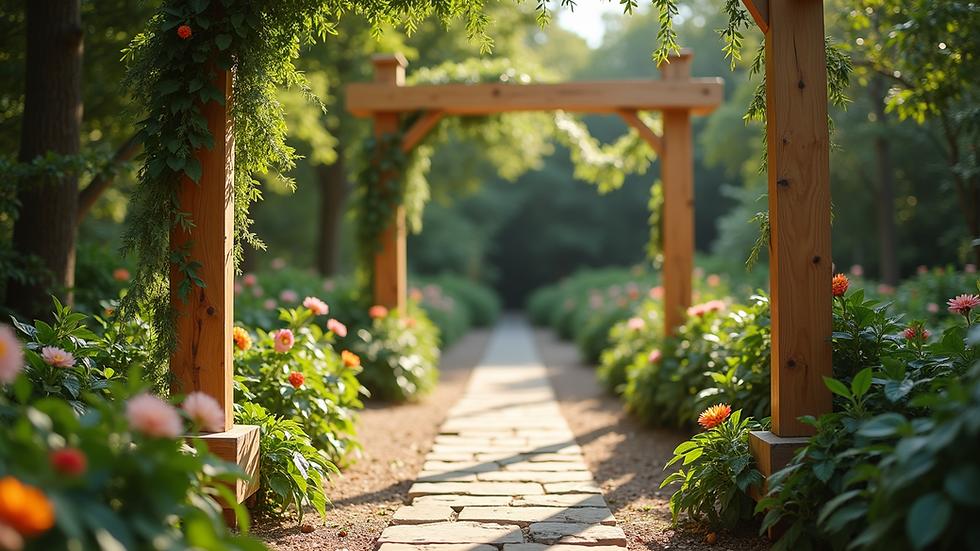 Wide angle view of wooden wedding decor surrounded by lush greenery