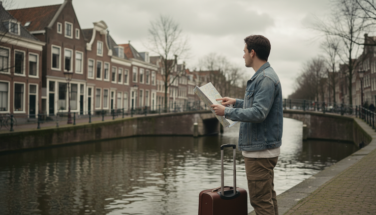 Wide-angle view of a traveller with a suitcase beside a Dutch canal.
