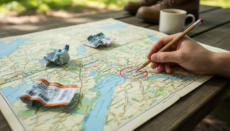 Close-up view of a printed map of the Netherlands with train tickets and a pencil