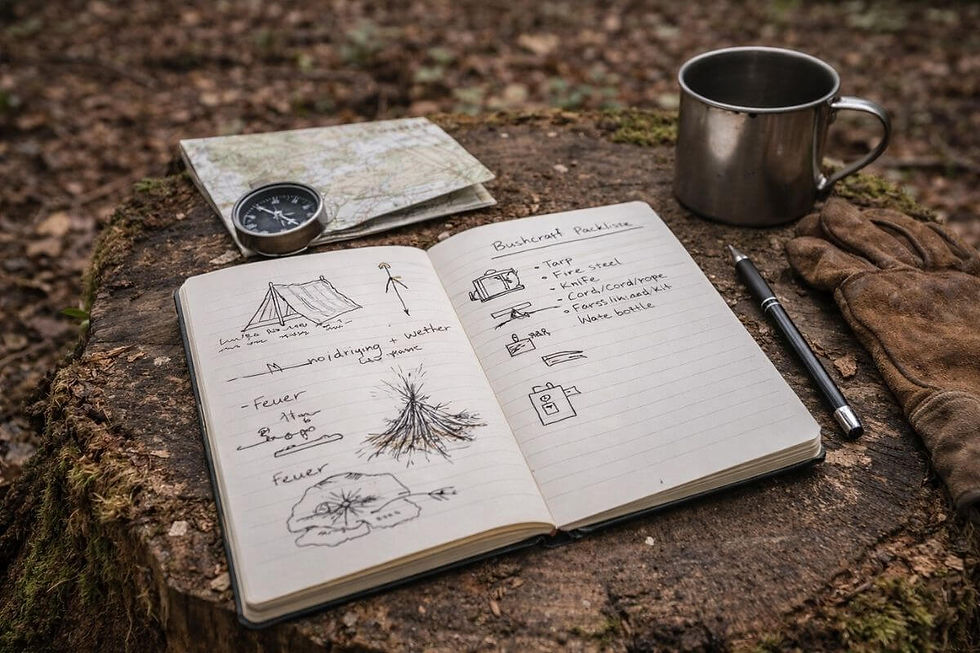 Bushcraft beginnt oft mit Beobachtung: Wer notiert, plant und genauer hinschaut, lernt draußen meist mehr als jemand, der sofort loslegt.