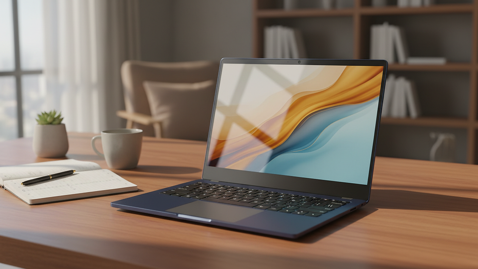 Eye-level view of a modern laptop on a wooden desk