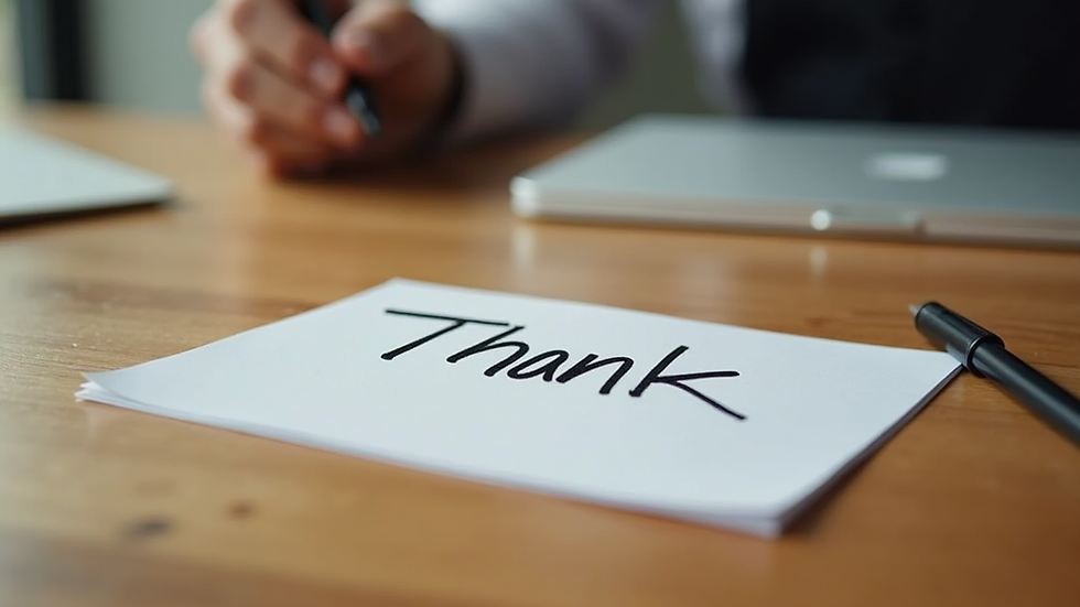 Close-up view of a handwritten note saying "Thank You" on a wooden table