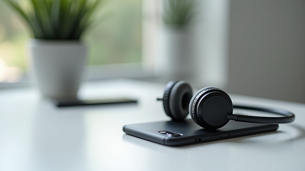Close-up view of a smartphone and headphones on a white table