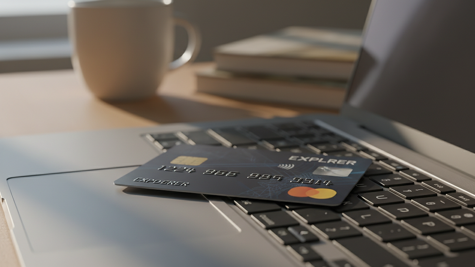 Close-up view of a credit card and a laptop keyboard