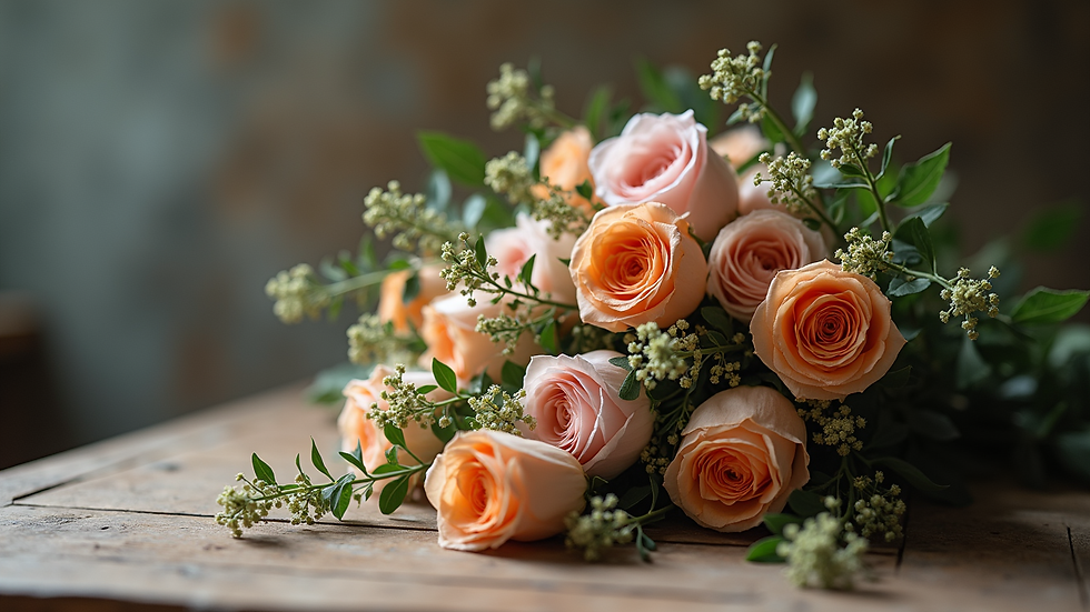Close-up view of a bouquet of fresh flowers on a rustic table