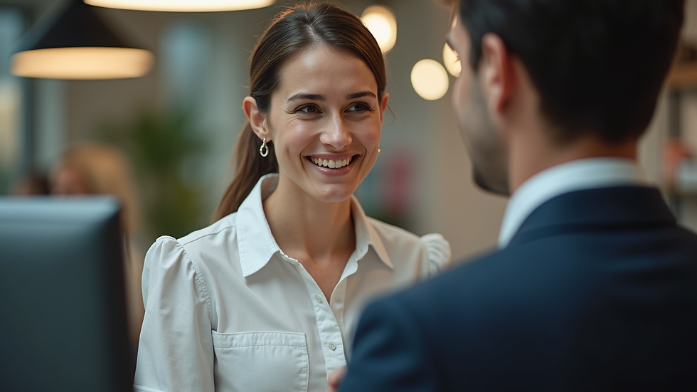 Eye-level view of a customer service representative smiling while assisting a client