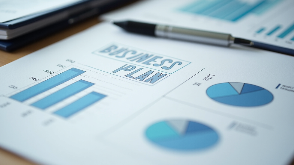 Close-up view of a printed business plan with charts and notes