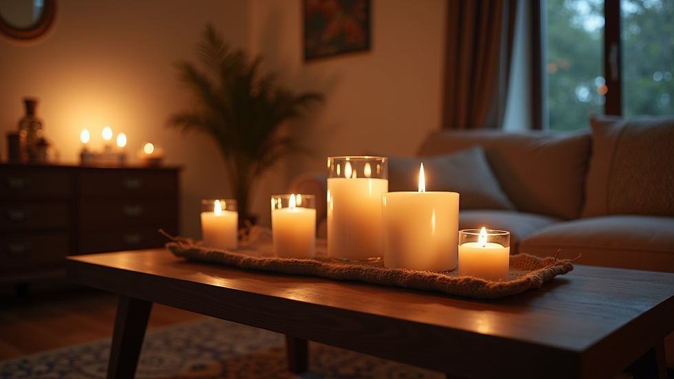 Eye-level view of a cozy living room with multiple candles lit on a wooden table