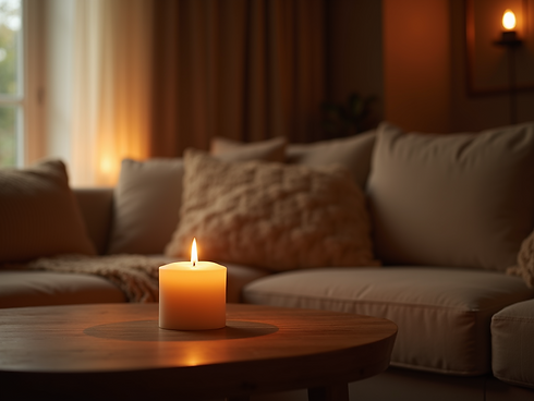 A-warm-and-inviting-scene-featuring-a-lit-Illuma-candle-casting-a-golden-glow-in-a-cozy-li