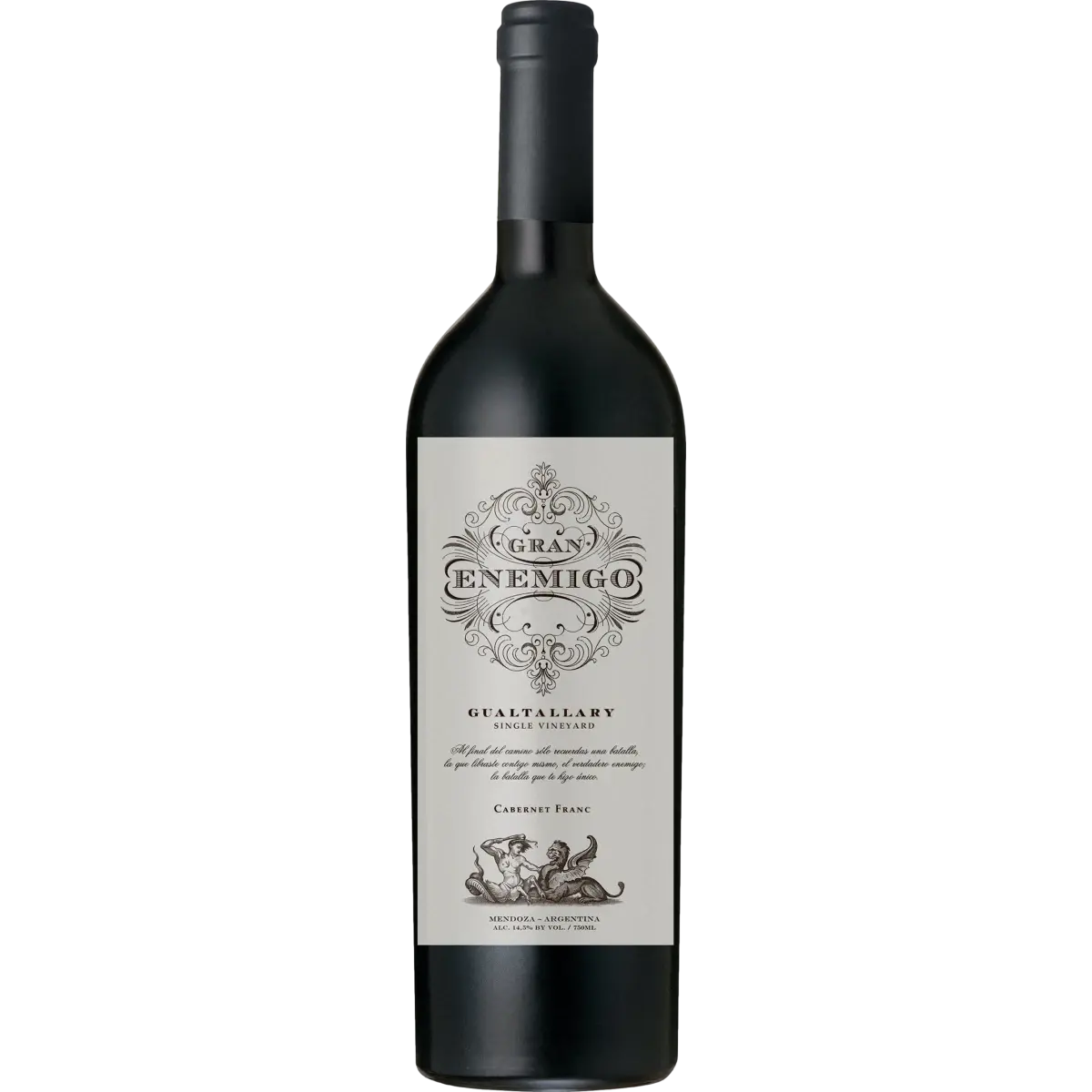 Red wine with a gray label and black capsule with the name El Enemigo on the front of the label