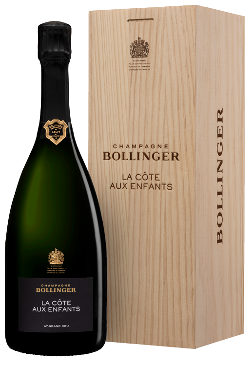 glass bottle of Champagne in a original wooden case, label says La Cote Aux Enfants