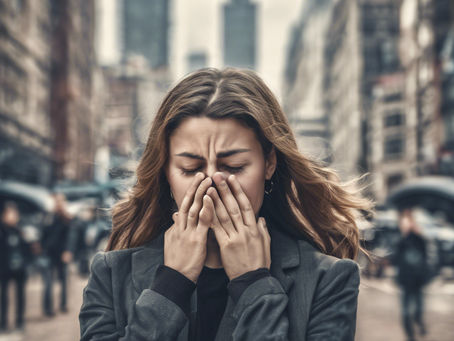Woman walking in a noisy downtown area.