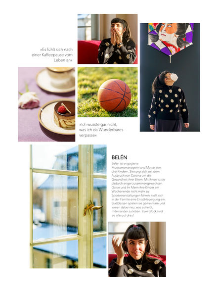 Ausstellungstafel Corona - Belén: 
Fotoshoot Collage: Frau, Ball, Kuchen