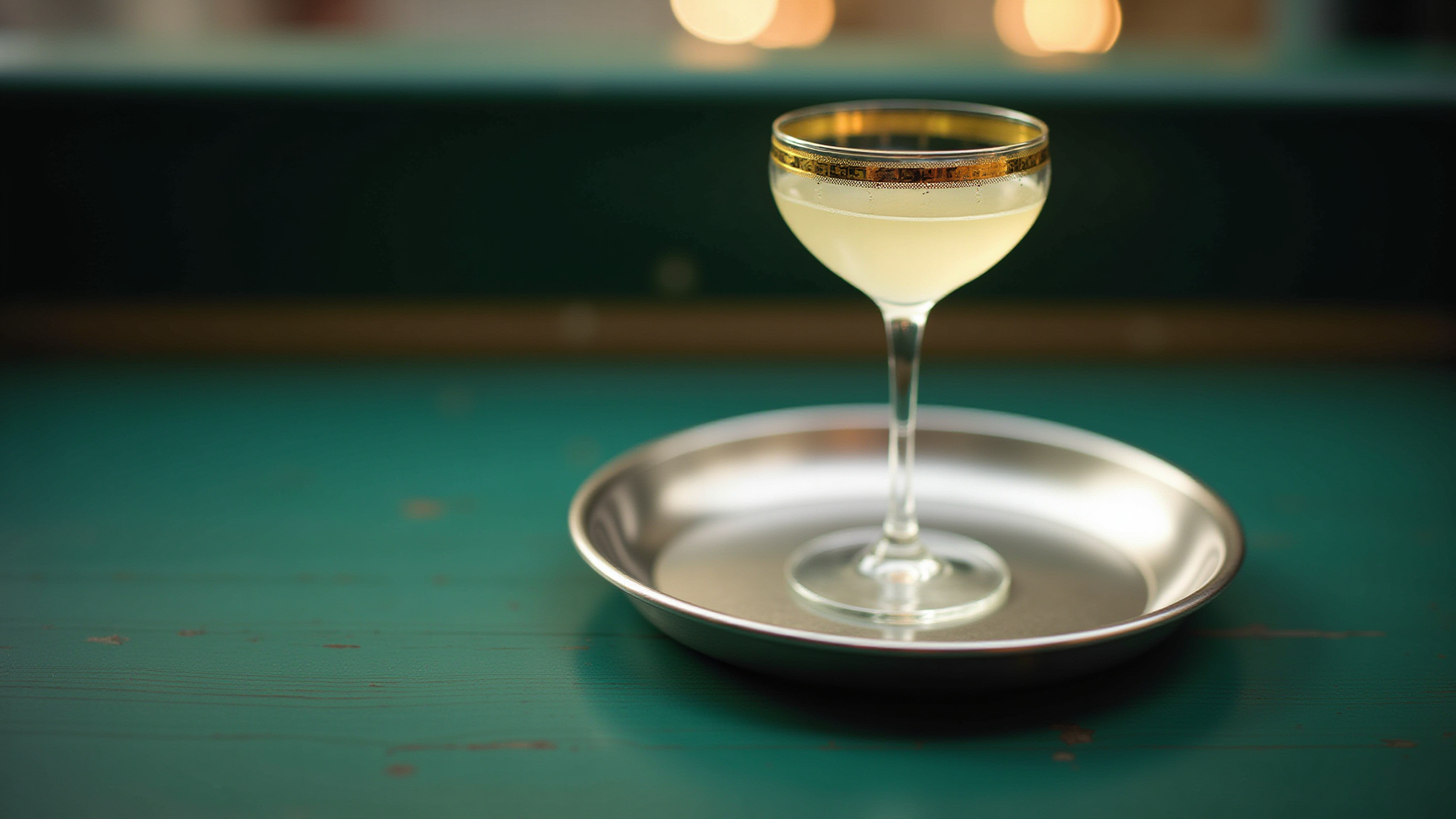 Cocktail in coupe glass being served on a turquoise bar.