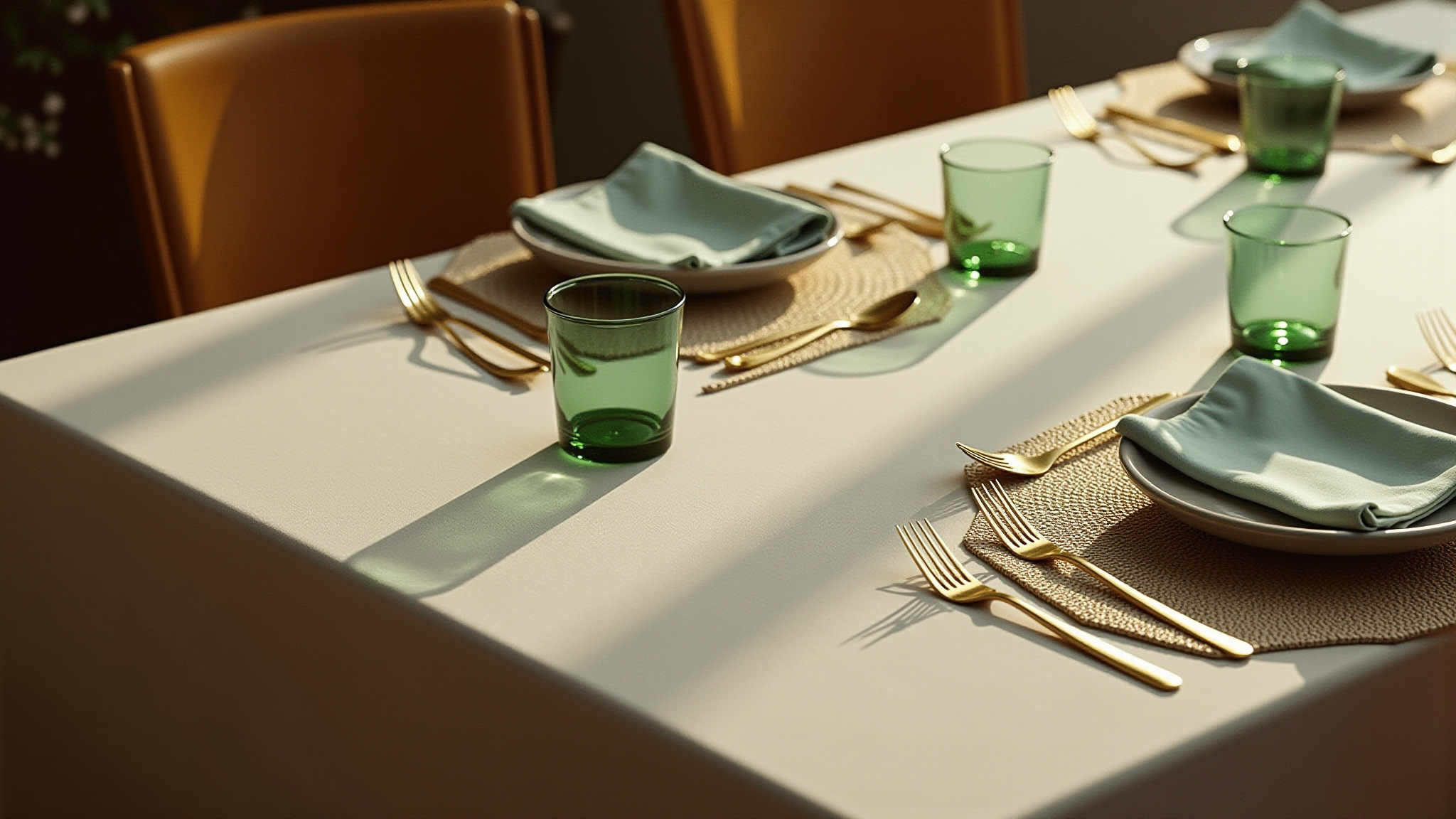 Fancy table setting with plates, cups and linens.