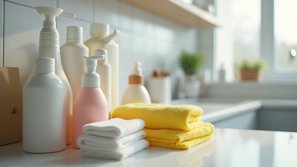 Close-up view of cleaning supplies arranged neatly on a countertop