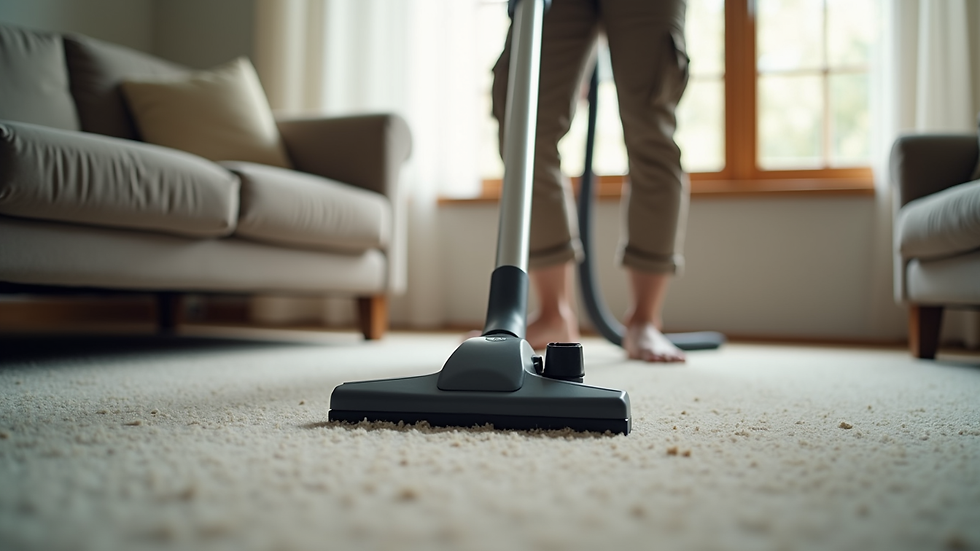Eye-level view of a professional cleaner vacuuming a living room carpet