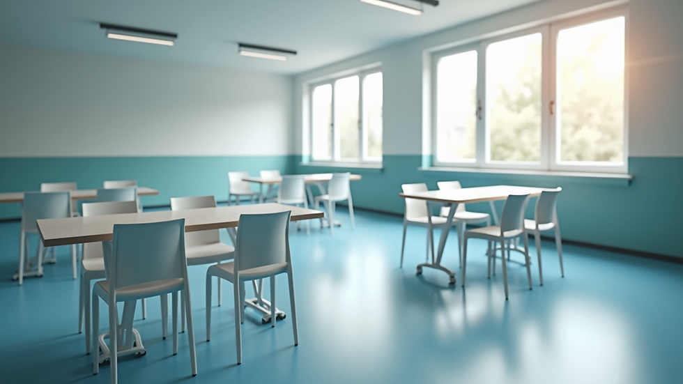 High angle view of a clean break room with sanitized tables and chairs
