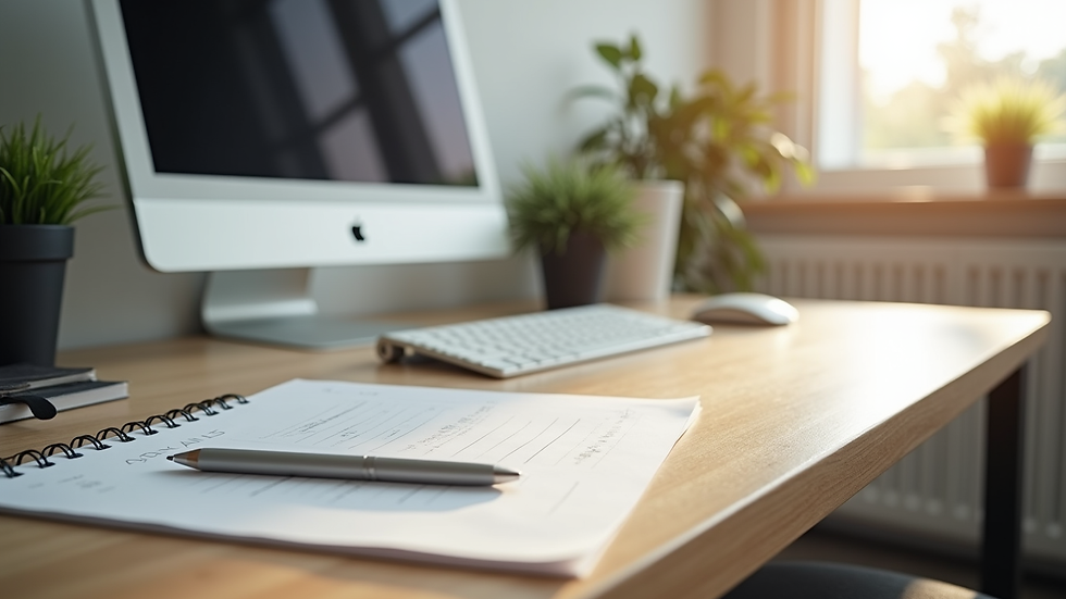 Close-up view of a clean and organized home office desk with minimal clutter