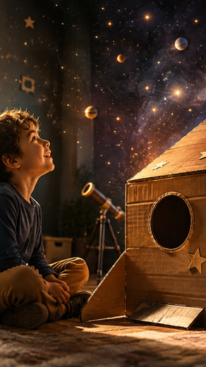 Child imagining a cardboard box as a spaceship while sitting in a cosy room