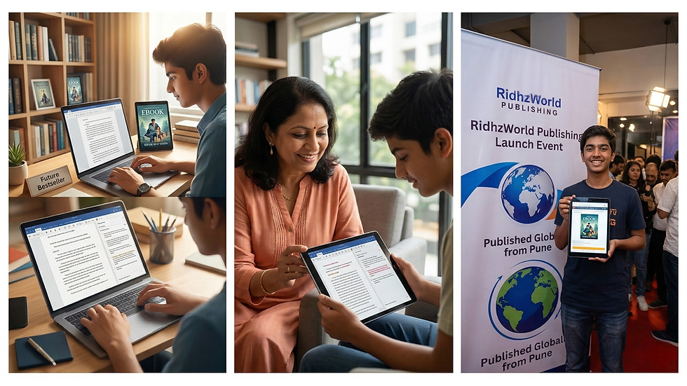A young Indian author writing an ebook on a laptop in a library setting, representing the first step of publishing with RidhzWorld Publishing