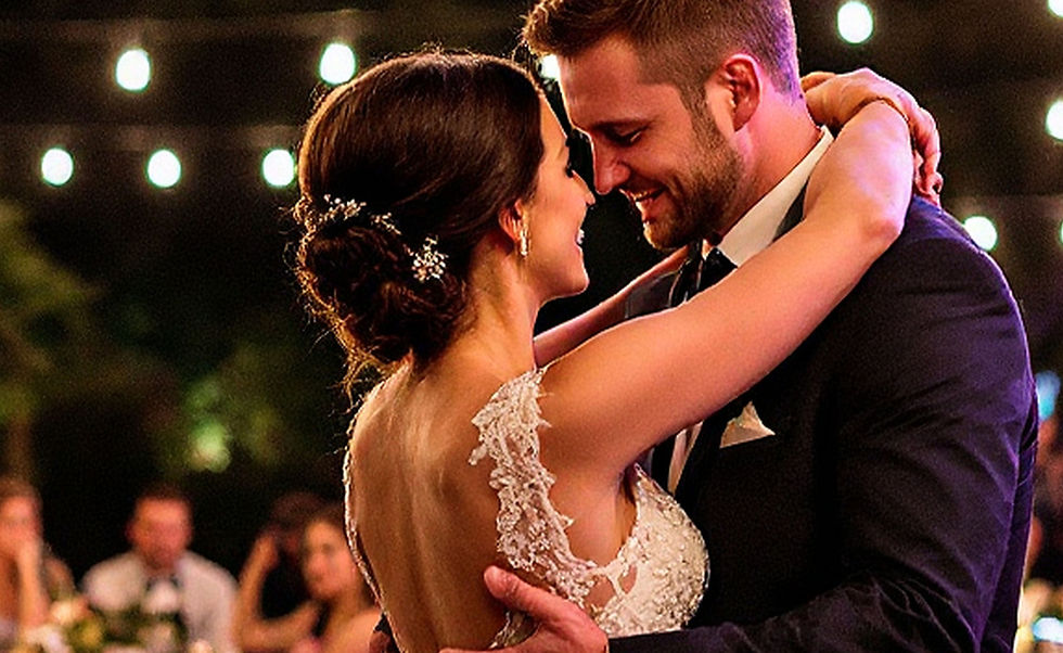 Couple dancing closely under string lights at night. She wears a lace dress, he a suit. Warm, romantic atmosphere with blurred guests.