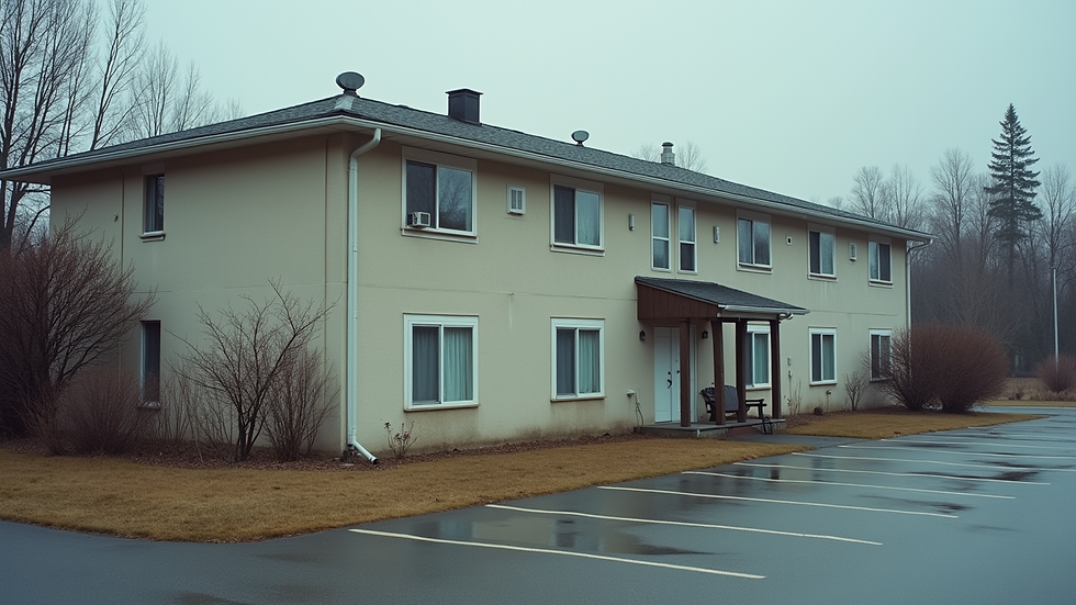 High angle view of a modest apartment building exterior in Alaska