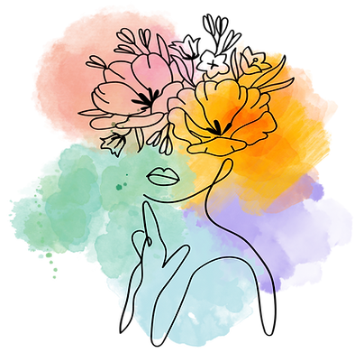 Line art of a woman being coloured in, symbolising self-expression, growth, and becoming whole.