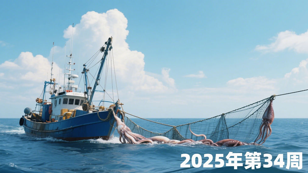 In Week 34 of 2025 (August 15 - August 21), affected by differences in supply and demand across global sea areas, adjustments to fishing policies, and fluctuations in consumer demand, the international squid market showed a pattern of "regional differentiation and category-specific changes". According to monitoring data from the Zhejiang Agricultural Center, significant differences were observed in the prices, transaction volumes, and industrial dynamics of squid from the Southeast Pacific (Peruvian squid), Southwest Atlantic (Argentine squid), and Northwest Pacific & Indian Ocean, with core categories demonstrating distinct performance trends.