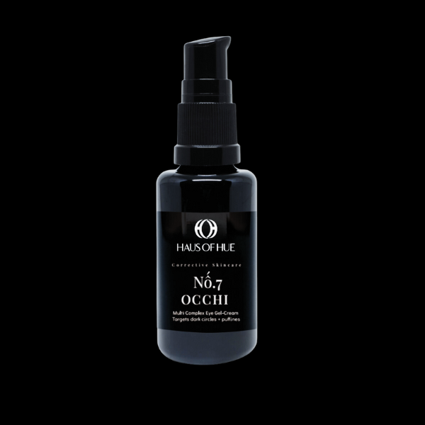 A sleek black bottle of eye gel-cream labeled "HAUS OF HUE" with "Corrective Skincare No. 7 OCCHI." The label highlights "Multi Complex Eye Gel-Cream" and its benefits, "Targets dark circles + puffiness." The product is set against a solid black background, creating a luxurious and professional look.