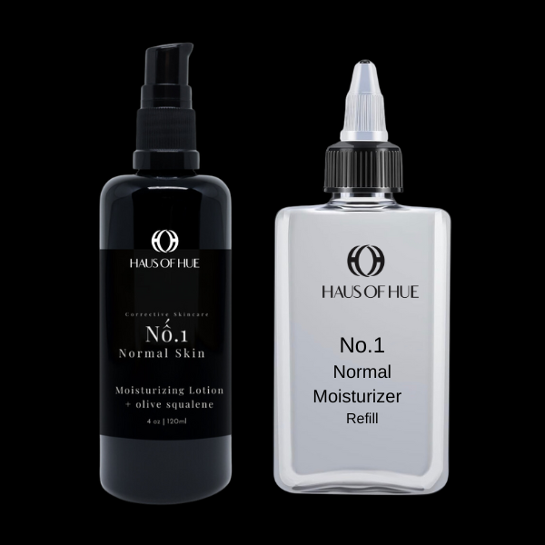 A transparent skincare bottle labeled "HAUS OF HUE" with the text "Refill." The bottle features a nozzle cap and is set against a dark background, emphasizing the clean, minimalist packaging.