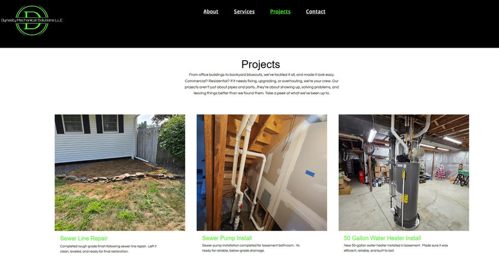 Screenshot of Dynasty Mechanical Solutions’ Projects page displaying three completed jobs with images and descriptions, including sewer line repair, sewer pump installation, and a 50‑gallon water heater install.