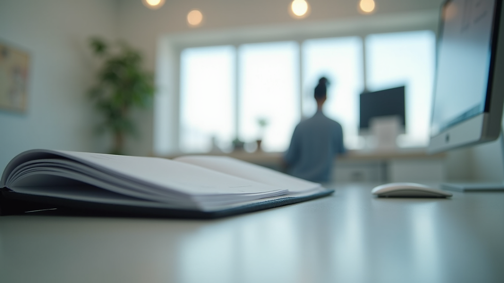 Eye-level view of dental clinic reception with computer and appointment book