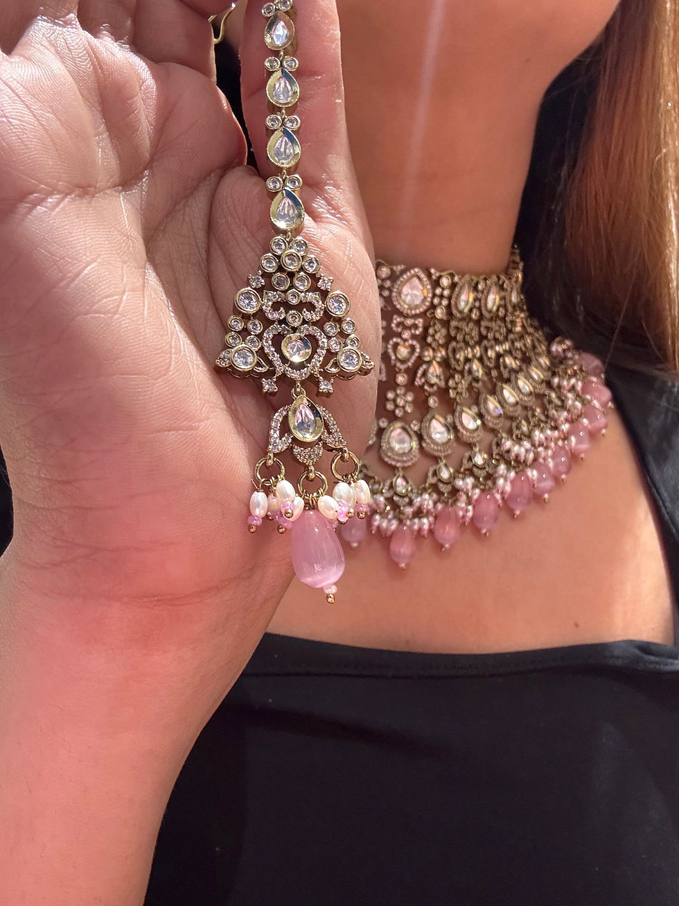 Thumbnail: Premium polki necklace, earrings and mang tika - Pink